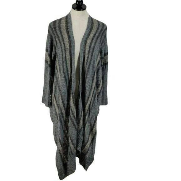 Decree Large Gray Tan Work striped kimono sweater‎ wrap front cardigan - Picture 1 of 6